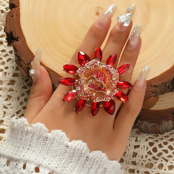 

luxury big sunflower ring for women boho red blue champagne color zircon crystal ring unusual bridal wedding party gift, Silver