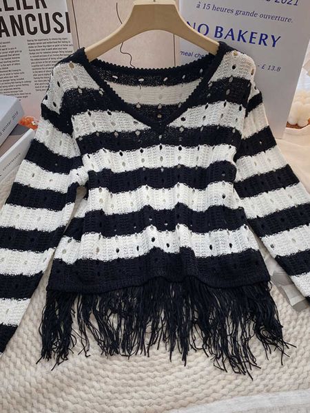 

women's sweaters kimotimo tassel zoom striped knitted women 2022 new hollow long sleeve sweater korean chic vintage v neck design swea, White;black