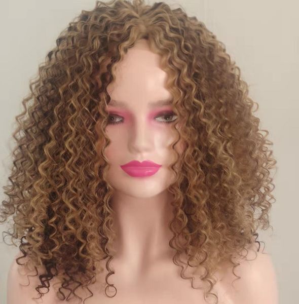 

europe and the united states long curly wig fiber africa small curly hair dyeing gradient color hood, Black