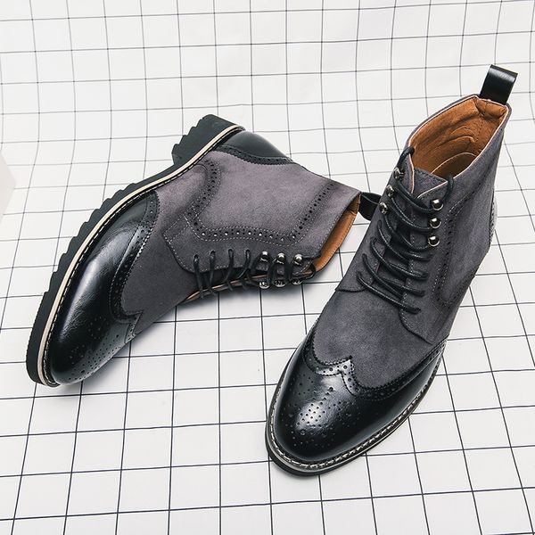 

bullock carved designer men shoes martin boots splicing classic suede leather business casual all-match high-lace-up dress shoes big size 38, Black
