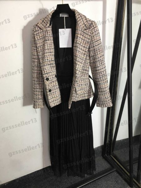 

designer dress for womens tweed blazer stitching fake two pieces dresses luxury apricot bright silk-blend lace dress size s-xxl 0912, Black;gray