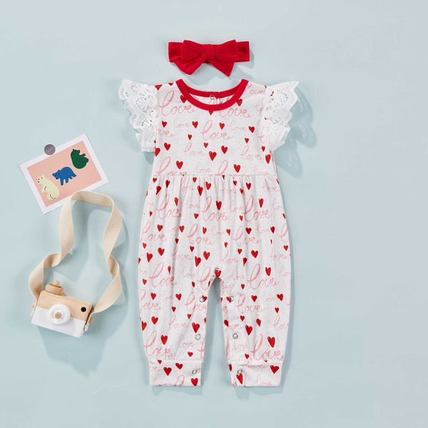 

rompers baby girls summer romper lace fly sleeves hollow out heart printed long jumpsuits bow headband baby clothes j220922, Blue