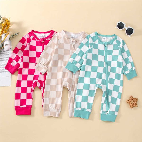 

rompers autumn clothes baby girls boys jumpsuits outfit long sleeve damboard printed zipper closure rompers j220922, Blue