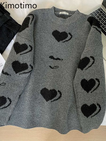 

women's sweaters kimotimo heart jacquard sweater women 2022 autumn winter o neck fashion sweater korean chic all match long sleeves kni, White;black