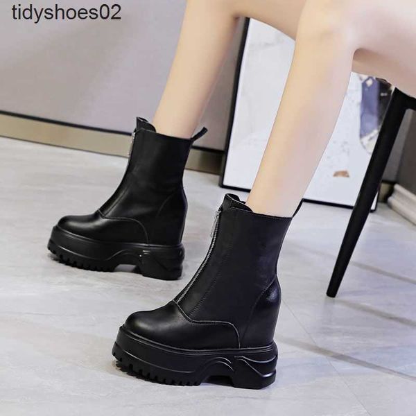 

chao high heel 12cm short boots women's leather new fall versatile thick sole inside high front zipper martin boots, Black
