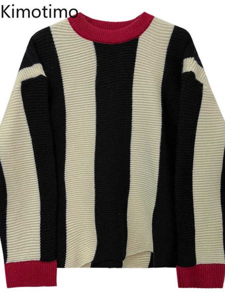 

women's sweaters kimotimo contrast color striped knitted women 2022 autumn casual o neck long sleeve sweater french fashion loose swea, White;black