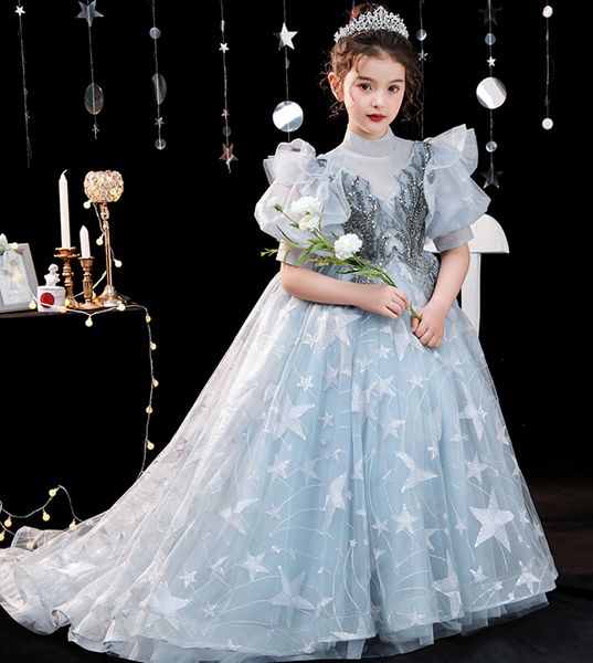 

beauty blue lace sleeves girl' pageant dresses flower girl dresses holidays/birthday princess skirt custom size 2-14 f924056 train len, White;red