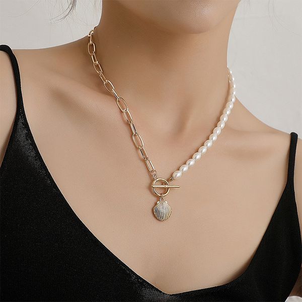 

shell pendant string imitation pearl chain slip necklace 211377, Silver