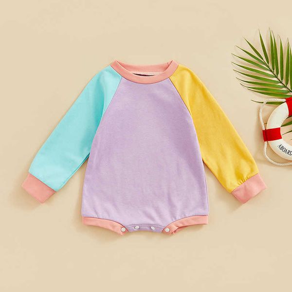 

rompers 024m baby girl autumn romper cotton long sleeve o neck contrast color patchwork romper triangle sweatshirt jumpsuit j220922, Blue