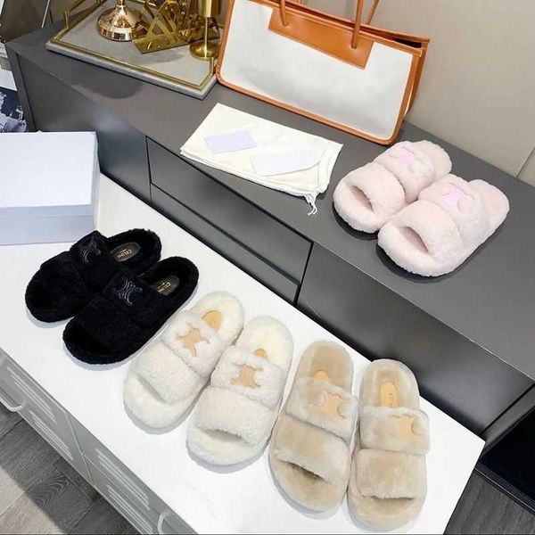 

designer wool slippers women's new fashion plush slides for women ladies luxury furry warm winter thick bottom sandals, Black