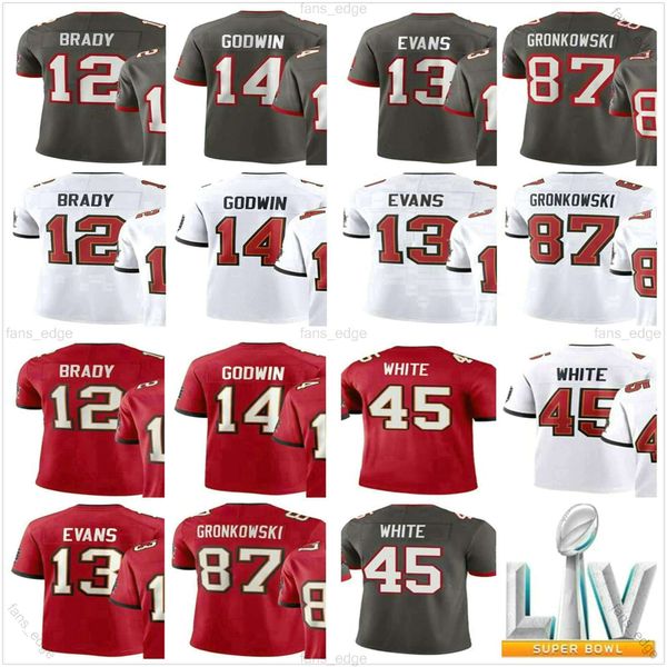 

2020 new superbowls liv 12 tom brady 87 rob gronkowski 14 chris godwin 45 devin white 13 mike evans red white grey stitched football mens&#0, Black;red