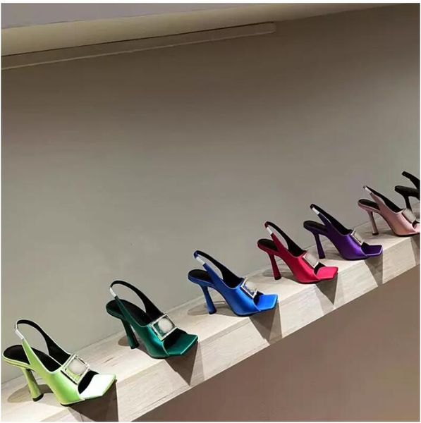 

stiletto sandals dress shoes high heels luxury designer classic metal square button decorative satin fashion banquet 10cm square head, Black