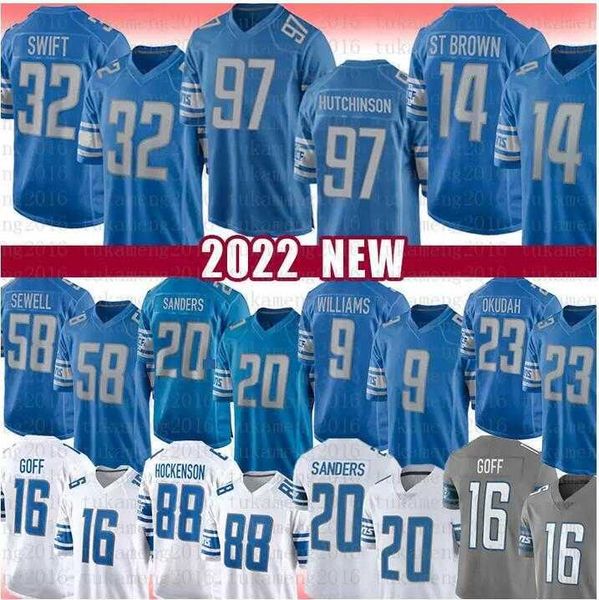 

football jersey detroit''lions''97 aidan hutchinson 5 deshon elliott 14 amon-ra st. brown 20 barry sanders 16 jared goff, Black;red