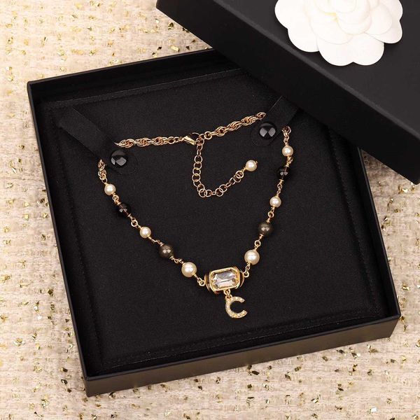 

luxury quality charm choker pendant necklace with grey and nature beads crystal have box stamp ps4436, Golden