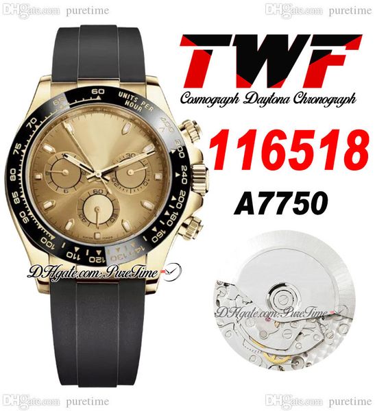 

twf v2 a7750 automatic chronograph mens watch yellow gold ceramic bezel champagne stick dial black oysterflex rubber same serial card super, Slivery;brown