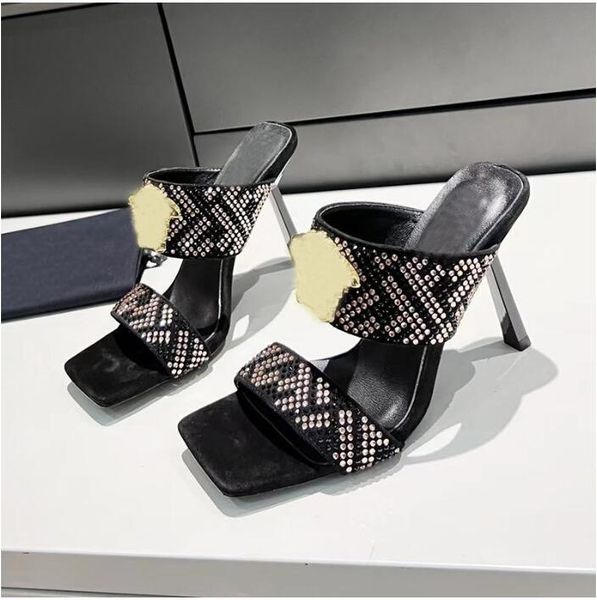 

slippers women 's sandals luxury color diamond high-heeled fashion nightclub metal decoration thin heel open toe heel height .5cm, Black