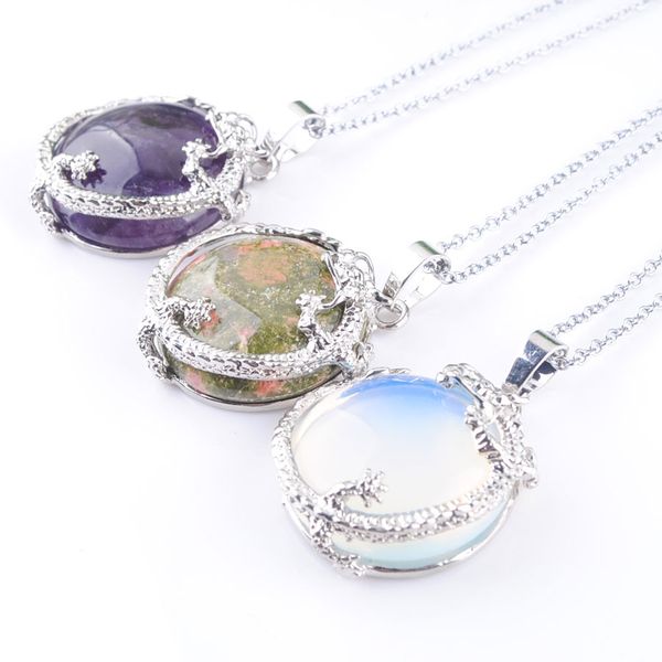 

dragon wrap stone dangle pendant & necklace flat cabochon round gemstone charm jewelry silver chain 45cm bn313