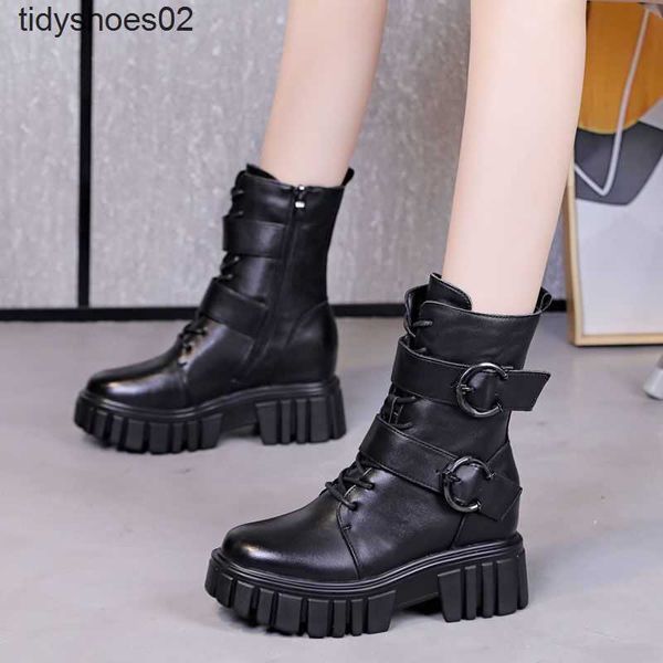 

high rise short boots women's layer cow leather 2022 autumn and winter new british style versatile leather thick soled martin boots, Black