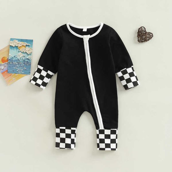 

rompers toddler newborn baby girl boy zip rompers damboard patchwork round neck jumpsuit for autumn spring j220922, Blue