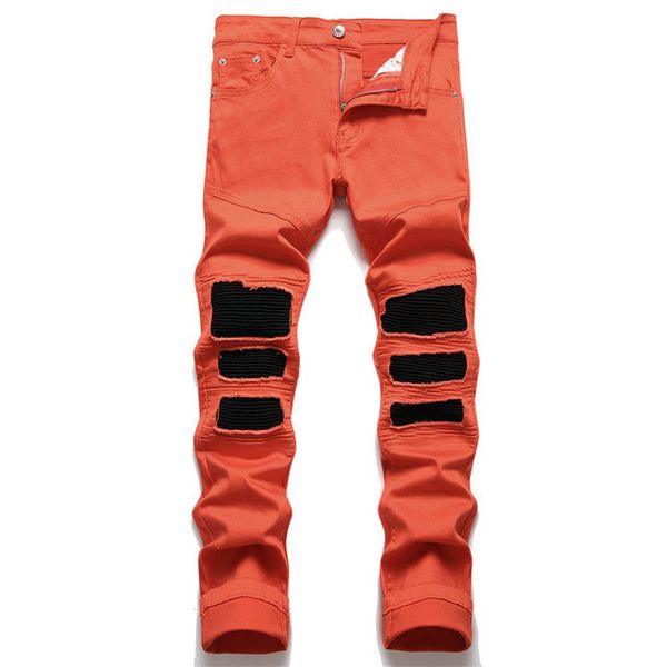 

men designer jeans orange with patch pants skinny stretch comfy jeans clasic, Blue