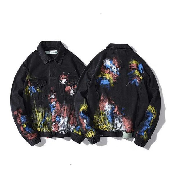 

autumn and winter popular hand painted graffiti fireworks splash ink destruction of old denim fashion jacket, Black;brown