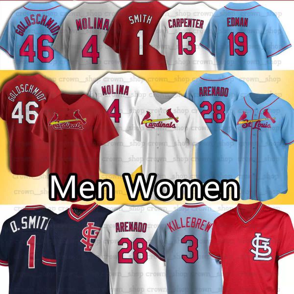 

baseball 28 nolan arenado 46 paul goldschmidt ozzie smith yadier molina dexter fowler jack flaherty miles mikolas men women baseball jerseys, Blue;black