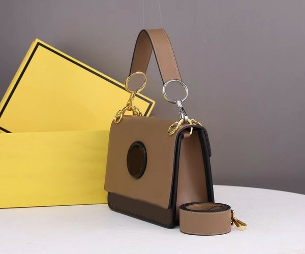 

kan designer bag brown leather shoulder bags hand-painted letter embossed pattern handbags classic metal hardware front flap cross body gold