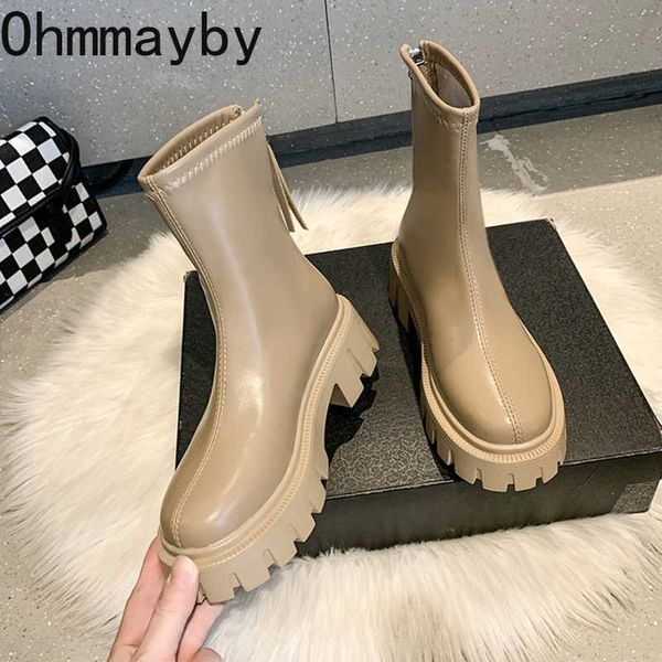

boots 2022 platform women long pu leather ladies zipper knight thick sole flats shoes fashion winter high heel knee-high y2209, Black
