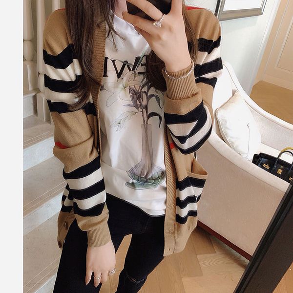 

women's sweater women jacket cashmere cardigan mid-length knitted v-neck loose striped sweater thin ladies trench coat 2022, White;black