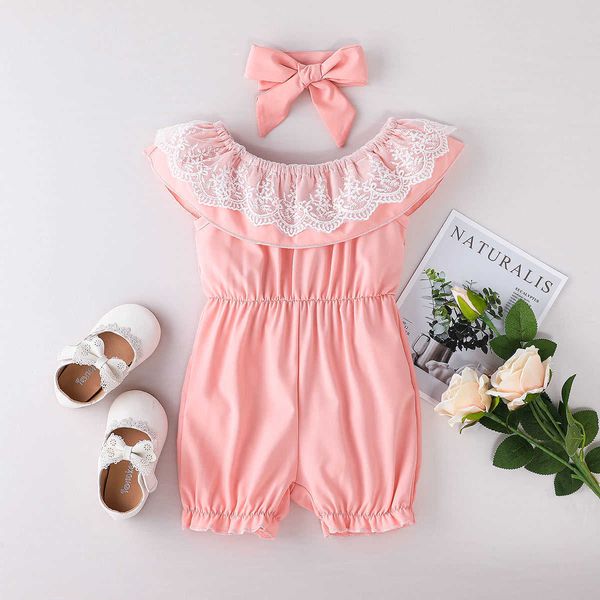 

rompers baby girls summer romper with headband offshoulder ruffle layer lace casual romper baby short pants jumpsuit j220922, Blue