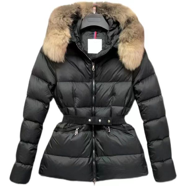 

designer womens down parkas waist slim fit slim hooded fur collar western style fashion shiny thick embroidered badge winter coat, Black
