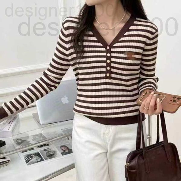 

women's knits & tees designer 22 autumn new ce home stripe v-neck slim knitted women ac8k, White