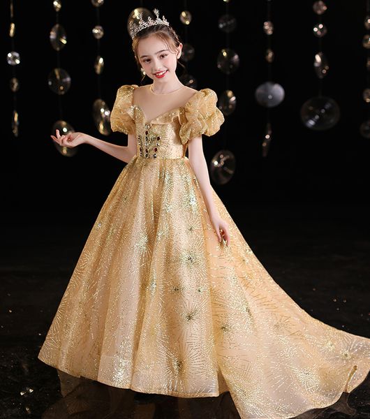 

beauty gold lace sleeves girl' pageant dresses flower girl dresses holidays/birthday princess skirt custom size 2-14 f924057 train len, White;red