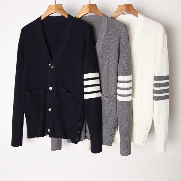 

2022 fashion brand tb sweaters men loose v-neck cardigans clothing waffle striped wool spring and autumn casual coat, White;black
