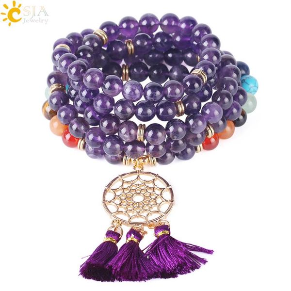 

csja indian dream catcher bracelet multiple layer wrap natural gems stone 108 mala beaded bracelets 7 chakras 2018 yoga prayer jew2438, Black