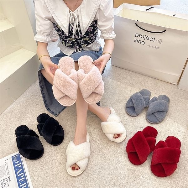 

slippers womens fashion warm fluffy indoor cozy faux fur cross flat shoes soft furry ladies female celebrities floor slides 220924, Black