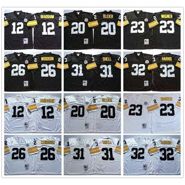 

jersey vintage pittsburgh 12 terry bradshaw steeler 20 rocky bleier 23 mike wagner 26 rod woodson 31 donnie shell 32 franco harris stitched, Black;red