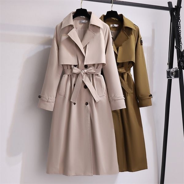 

women's trench coats ailegogo casual female turndown collar loose long trench coat autumn women double breasted windbreaker with belt l, Tan;black