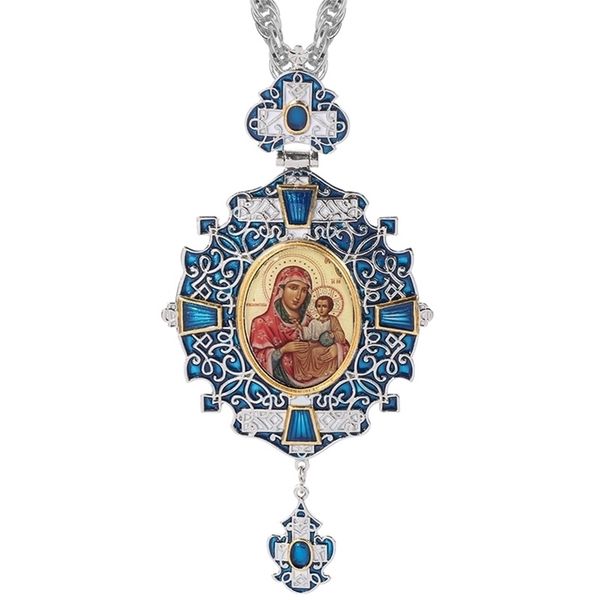

pendant necklaces vintage pectoral catholic orthodox cross necklace blue zircons enamel greek religious crucifix jewelry chain christmas gif, Silver