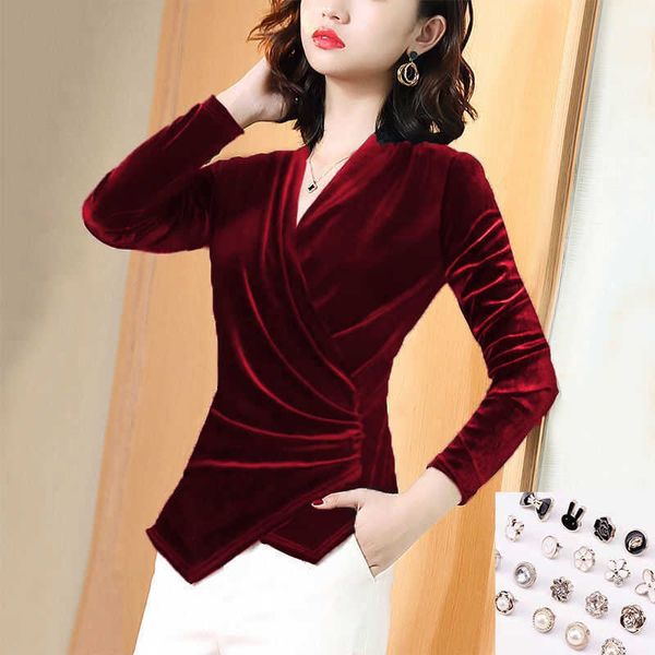 

women's t-shirt new women long sleeve velvet t-shirts v-neck slim elegant korean solid fashion pullover office lady chic soft wholesal, White