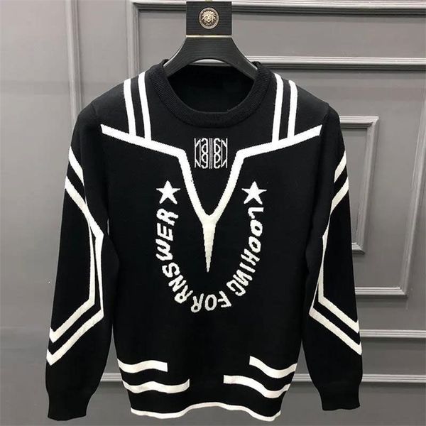 

mens sweaters mens autumn and winter round neck sweater slim letter color matching sweater korean fashion base sweater 220923, White;black