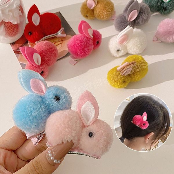 

3d bunny hair clip korean faux fur pompom rabbit hairpins plush barrettes cute sweet kids headwear girls hair accessories, Slivery;white