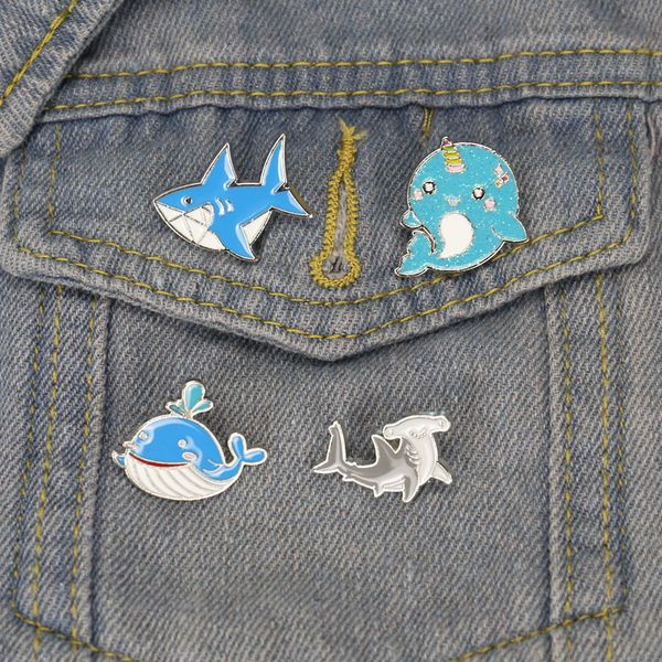 

ocean animal enamel pins creative dolphin shark whale brooches 4pcs /set aquatic creatures alloy pin silver plated badge jewelry gift bag ac, Gray