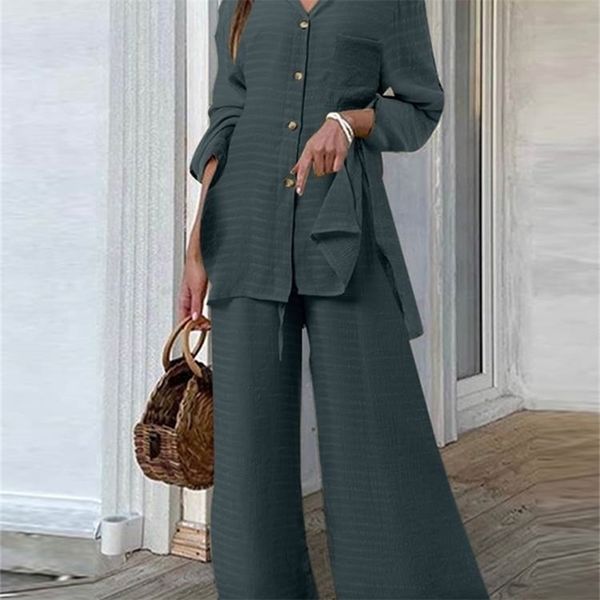 

women's two piece pants celmia women 2 pcs sets solid fashion lapel collar long sleeves shirt and wide leg long pant sets casual loose, White