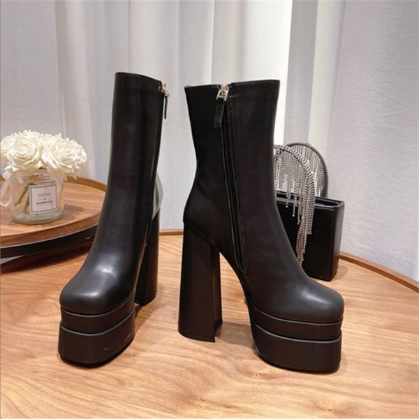 

thick high-heeled double-layer platform calfskin ankle boots square toe simple women classic fashion boot, Black