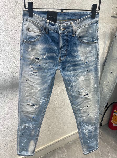 

men washed denim skinny jeans ripped distressed jeans pants paint, Blue