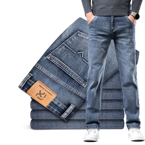 

men's jeans autumn spring brand straight loose stretch denim classic business casual young fashion mid high waist 220923, Blue