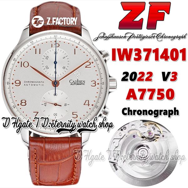 

zf v3 az371401 a7750 automatic chronograph mens watch th 12.3 white dial number markers stainless steel case brown leather strap 2022 super, Slivery;brown