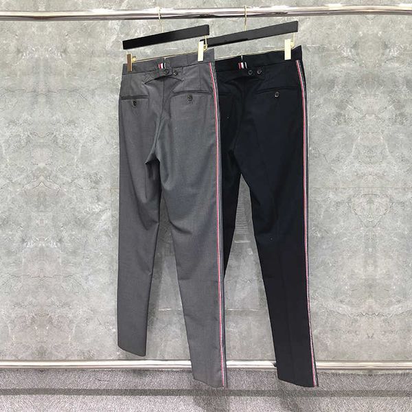 

men's fleece tb thom and browne classic suit pants spring autumn fashion brand trousers for men engineered striped side seam solid, Black
