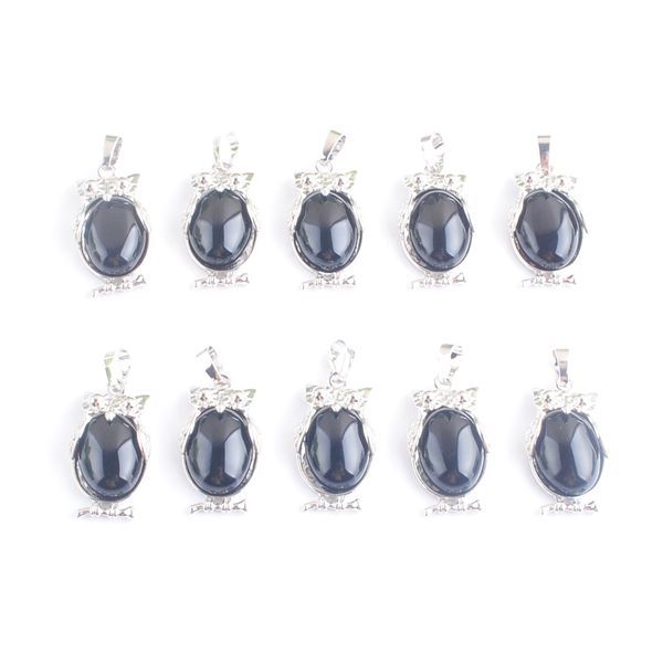 

black agate tiny owl animal shaped pendants natural stone reiki lucky cute charm jewelry for women man gift dn4667, Silver